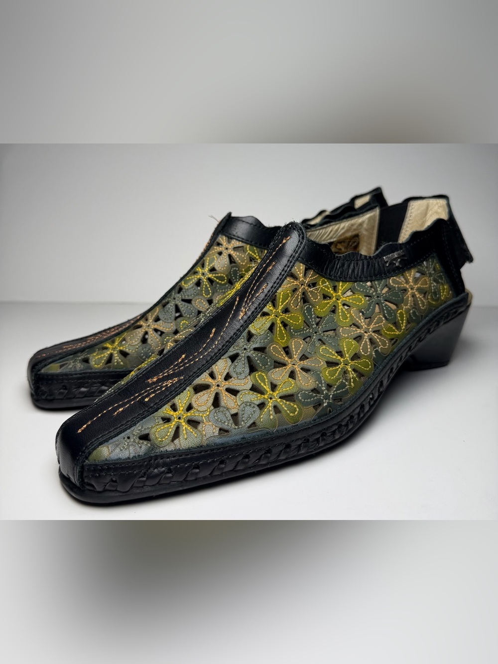 Pikolinos Romana Floral Leather Slingback Shoes Green Gold Black Womens 38 / 7.5